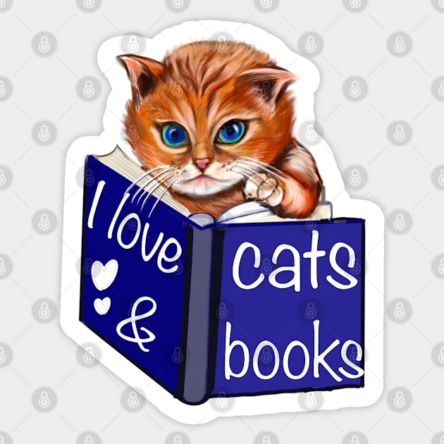 I love cats and books- blue eyed Kitten reading a book. White background. Book Reading themed gifts for lovers of book Sticker by Artonmytee